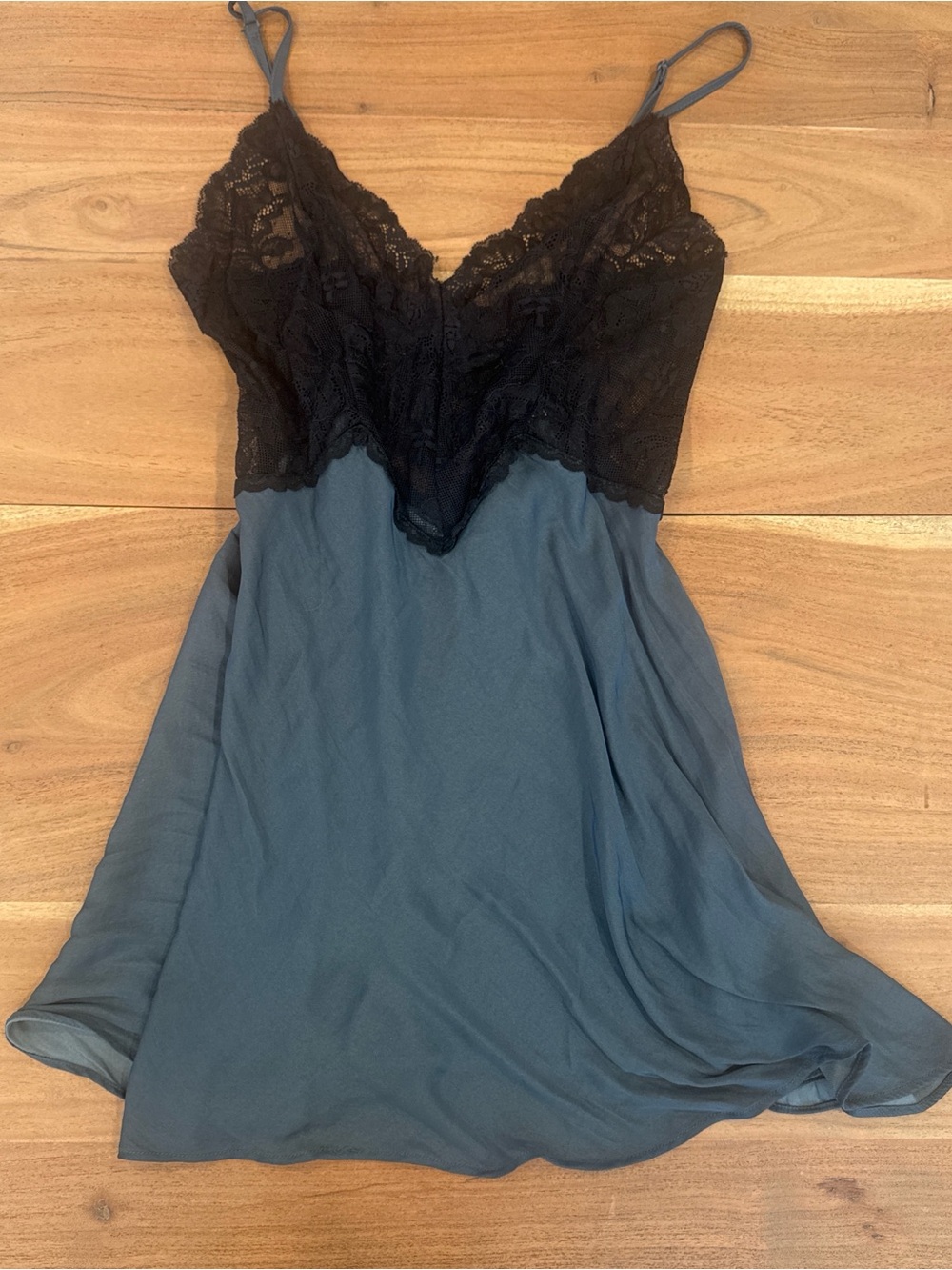 Lace Trim Slip Nightdress - Black Lace with Slate Blue Body